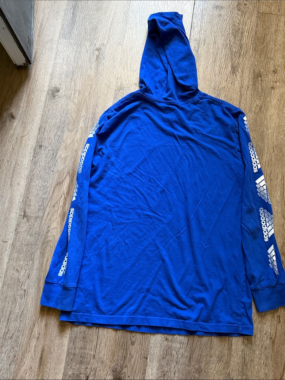 Adidas Boys Youth Hoodie M 10/12 Blue 100% Cotton Logo Print Sleeves Pullover - Picture 2 of 3